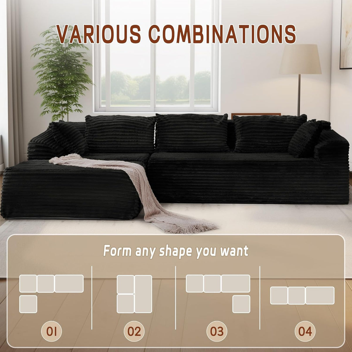 Korser 110" L-Shaped Modular Sectional Sofa with Chaise, Comfy Corduroy Fluffy Couch with Deep Seat and Side Pockets, Flexible Module Combination for Living Room, No Assembly, Side Pockets
