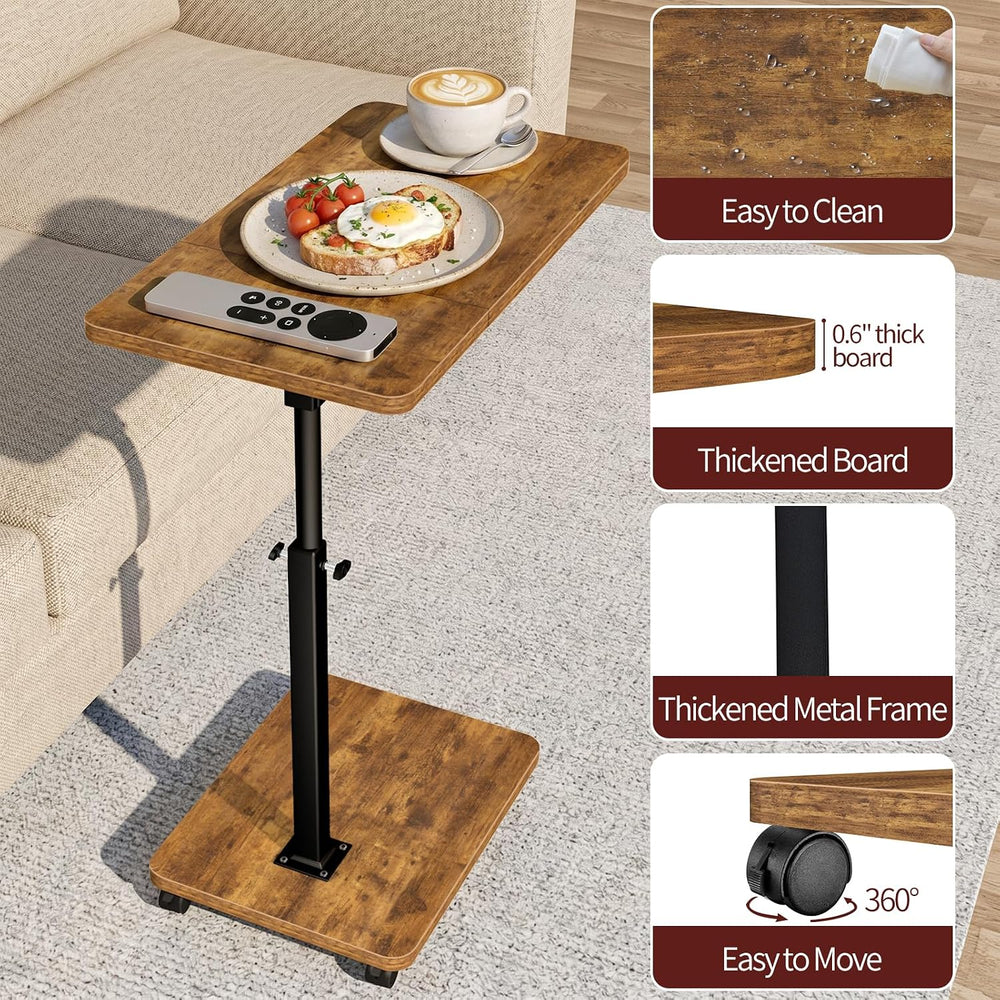 End Table Adjustable Height, 22.8"L Side Table Tv Tray with Wheels, 90° ...
