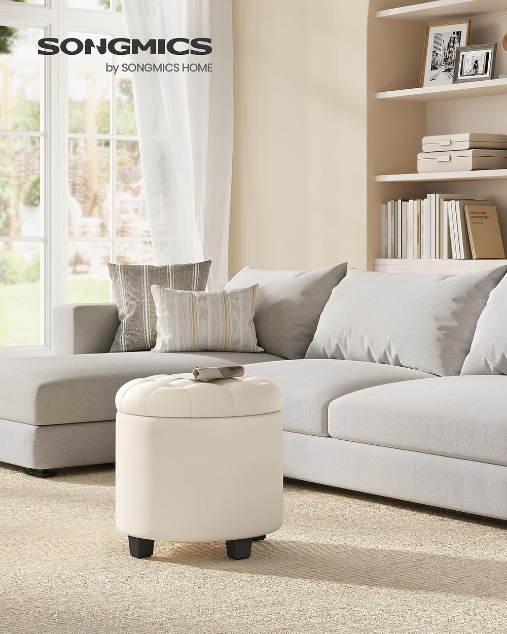 SONGMICS Vanity Stool, Round Ottoman with Storage, Linen-Look Fabric