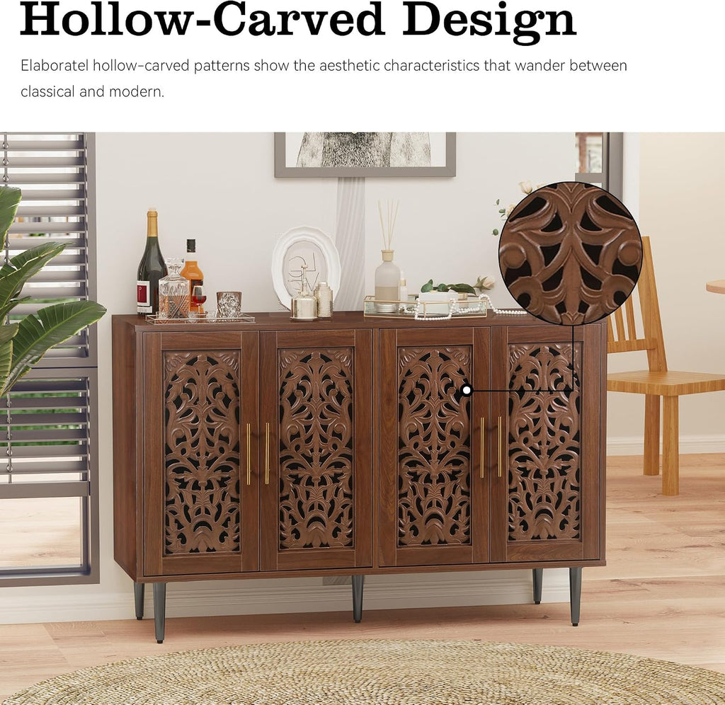 ARTPOWER 47.8" Vintage Accent Cabinet with 4 Hollow Carving Doors, Walnut