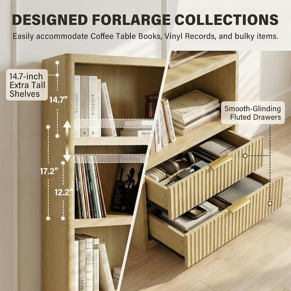YESHOMY 79" Tall Wooden Bookshelf with Drawers, Modern Fluted Bookcase w...
