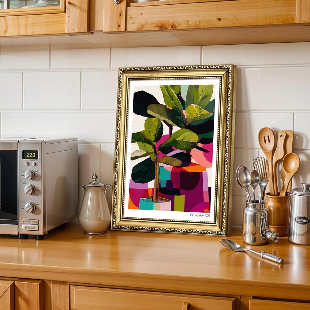 Gold Framed Picasso Wall Art, Modern Colourful Botanical Canvas Wall Decor Pa...