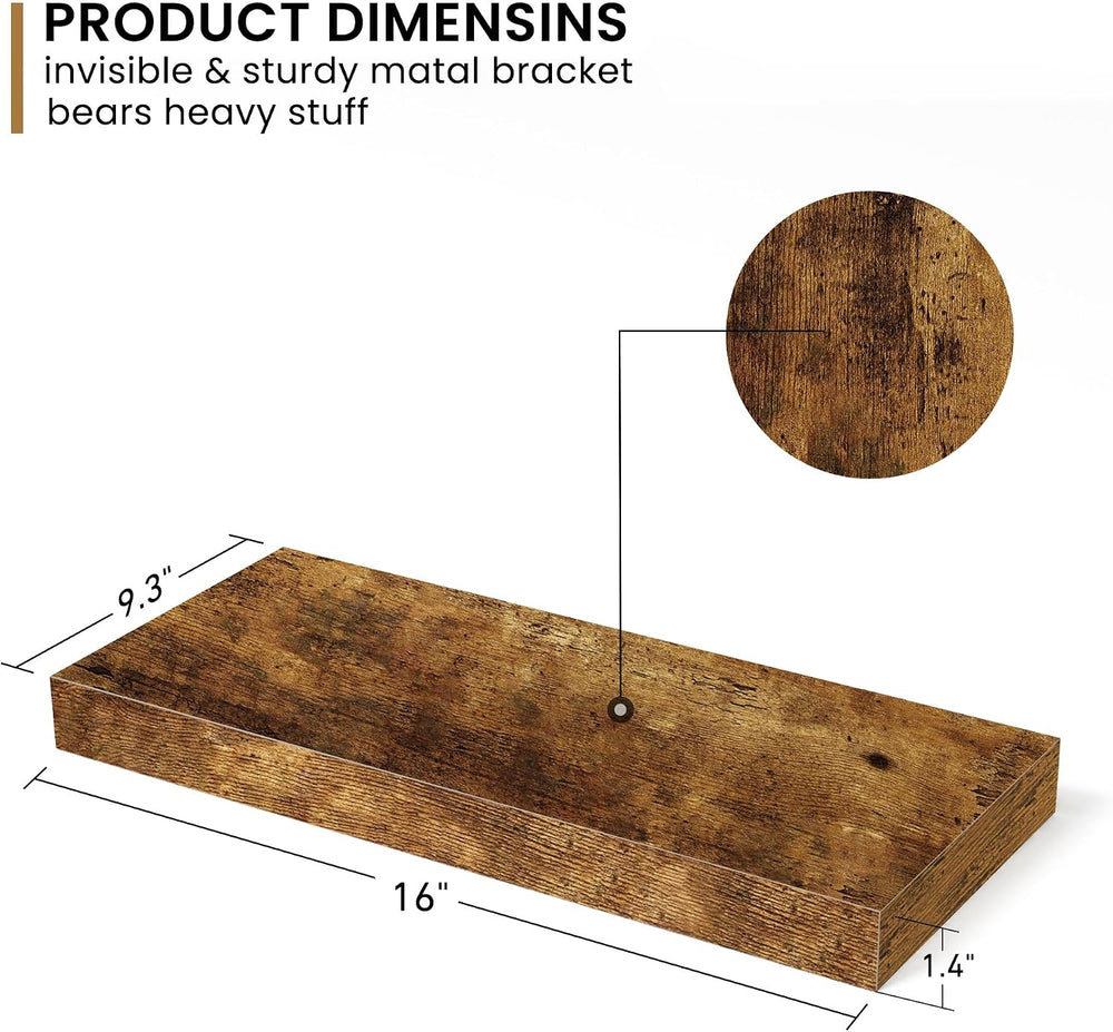 Deep Floating Shelves - 16" W x 9.3" D x 1.6" H Rustic Brown W...