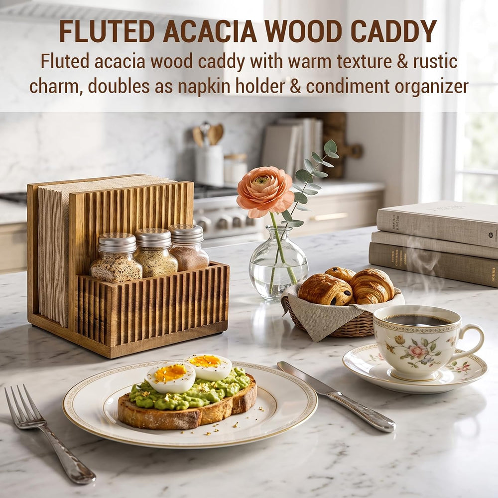 MyGift 4-Piece Fluted Acacia Wood Dining Table Organizer Set – Napkin Holder,...