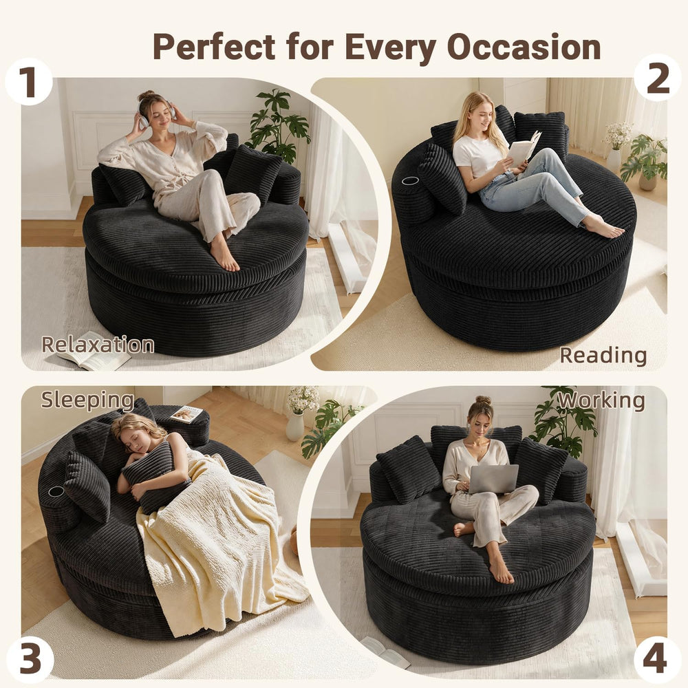 Oversized Round Chair Lounge Chaise, 58'' Corduroy Sofa Bed, Black