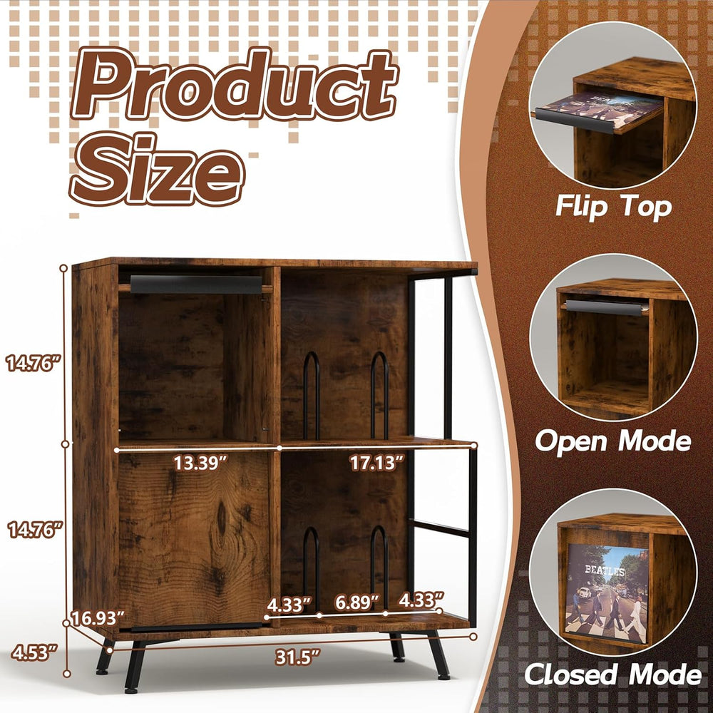 Faesun 3 Tier Record Player Stand with Flip-Down Record Shelf, Rustic Brown