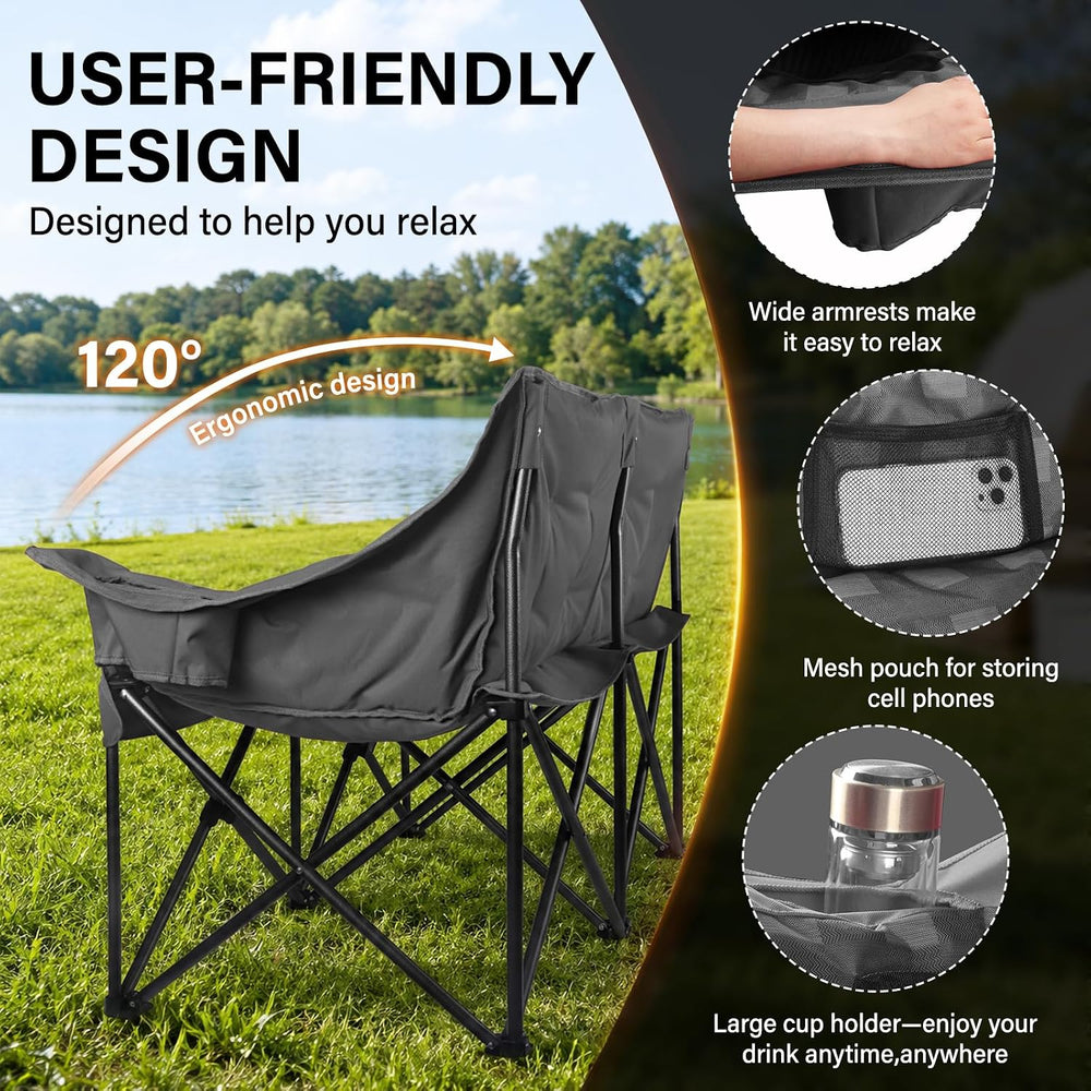 Double Camping Chair for Adult,Heavy Duty Padded Loveseat Chair,Gray