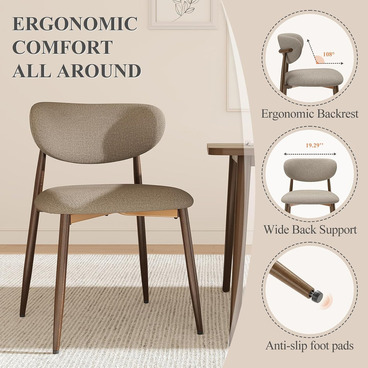 MALOL Upholstered Dining Chairs Set of 4, Curved Back Kitchen Chairs with Metal Legs and Anti Slip Pads, Dining Room Chair for Home and Restaurant, Camel