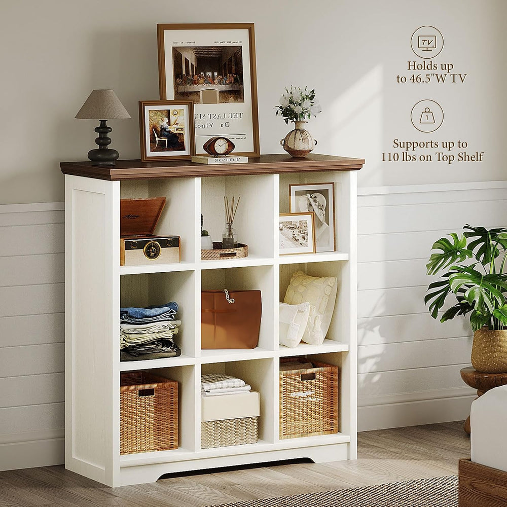 OffiGo 9 Cube Organizer Bookcase, Cube Shelf with Storage, Walnut + White