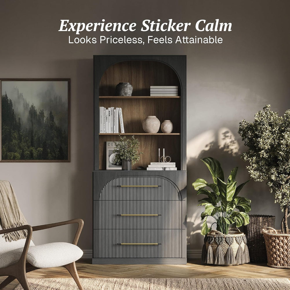 BELLEZE Display Storage Cabinet with Hutch, 72" Tall Wood Modern Bookshe...