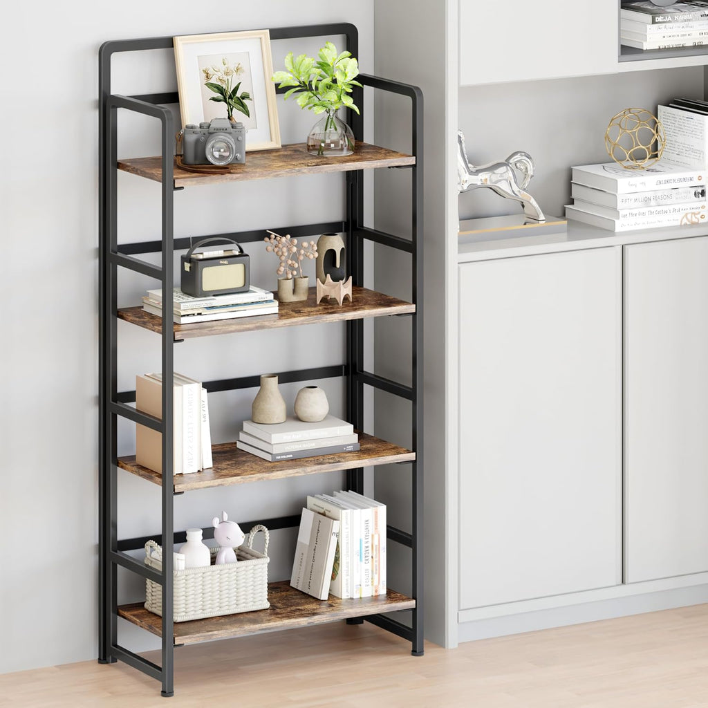 folding bookshelf 4 tiers,no assembly,vintage wood storage,rustic brown, close-up detail