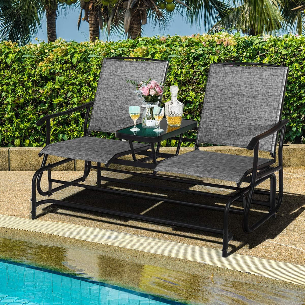 GIANTEX Patio Bench Glider Chair with Metal Frame, Center Tempered Glass Tabl...
