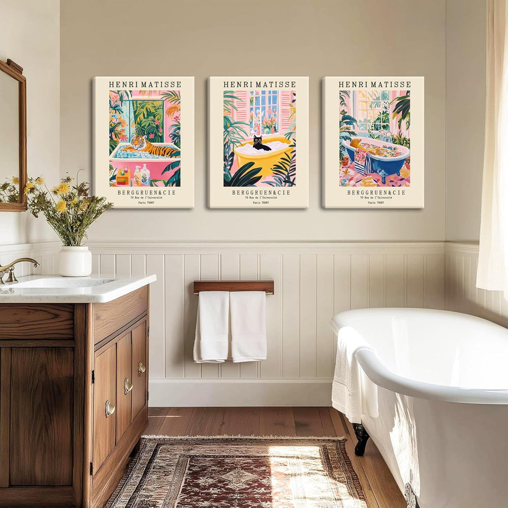 Funny Bathroom Canvas Wall Art Set of 3, Matisse Black Cat Animal Wall Decor ...