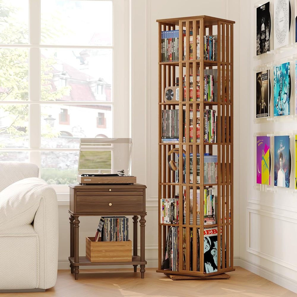 XIMN 360° Rotating Bamboo CD/DVD Shelf - 6-Tier Space-Saving Media Storage Ca...