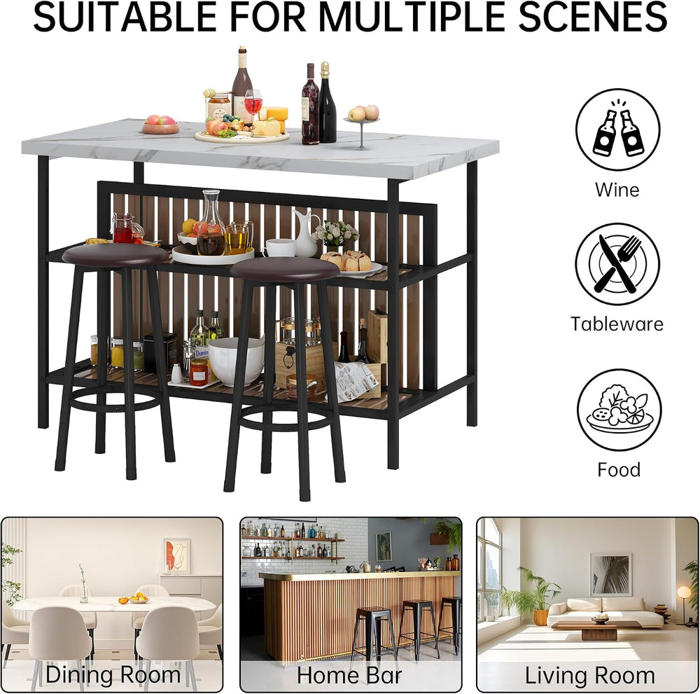 Kitchen Island with Seating & Storage, Bar Table and Chair Set, White