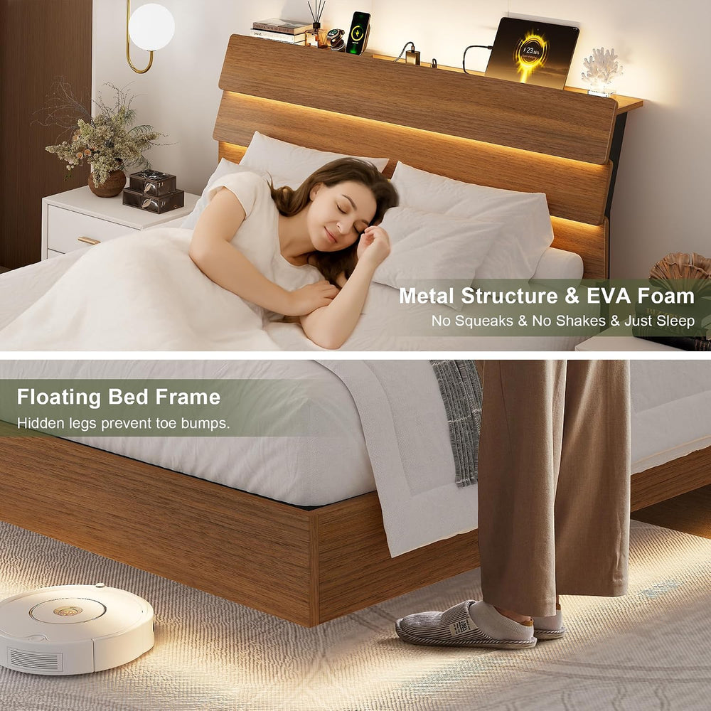 Feonase Floating Bed Frame Full with Led Lights and Charging Station, Wood Fu...
