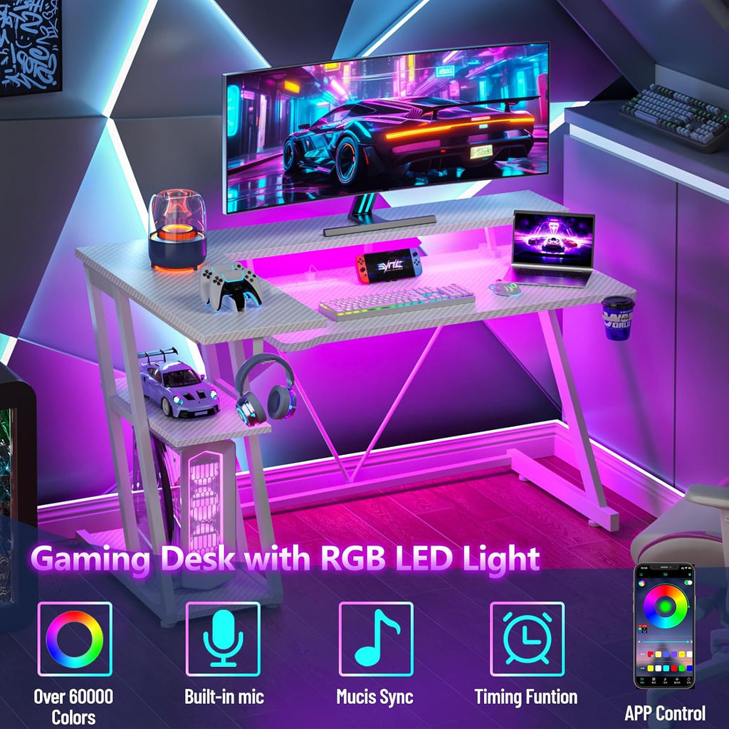Korfile 47 Inch Gaming Desk with Power Outlet, LED, Carbon Fiber White
