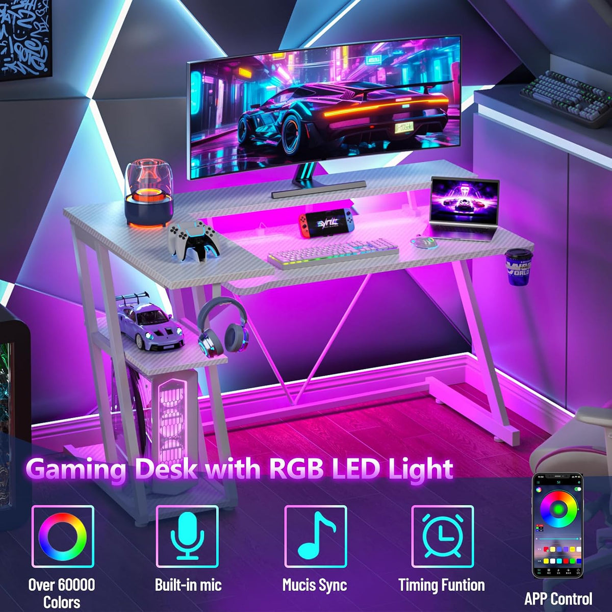 Korfile 47 Inch Gaming Desk with Power Outlet, LED, Carbon Fiber White