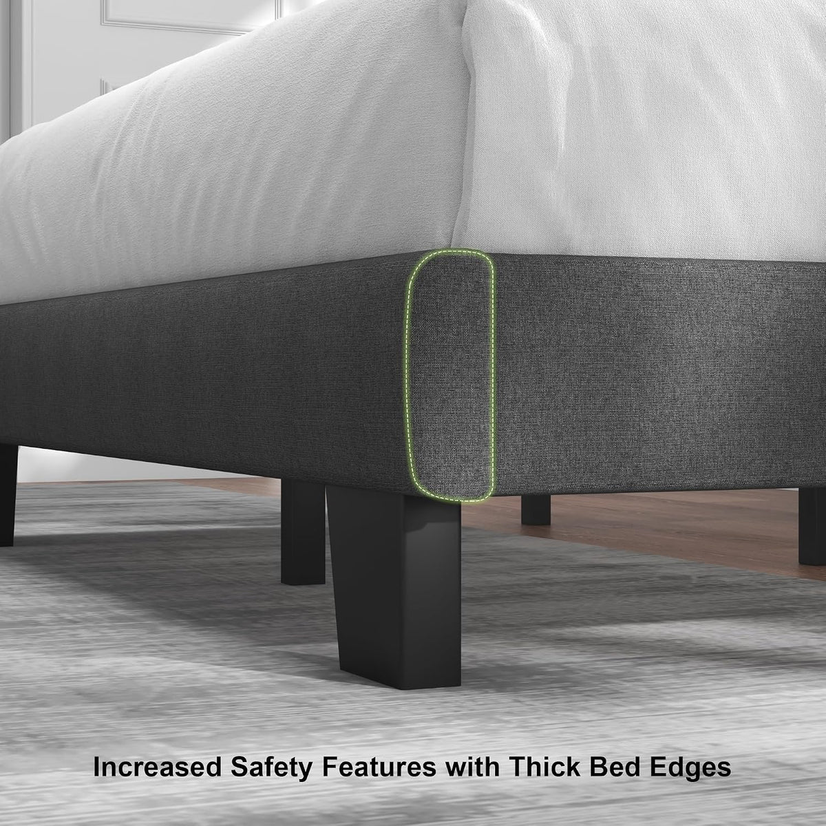 Feonase Twin Platform Bed Frame, Fabric Upholstered Twin Bed Frame, Solid Wood Slats & Heavy Duty Feet Support, No Box Spring Needed, Noise-Free, Easy Assembly, Dark Grey