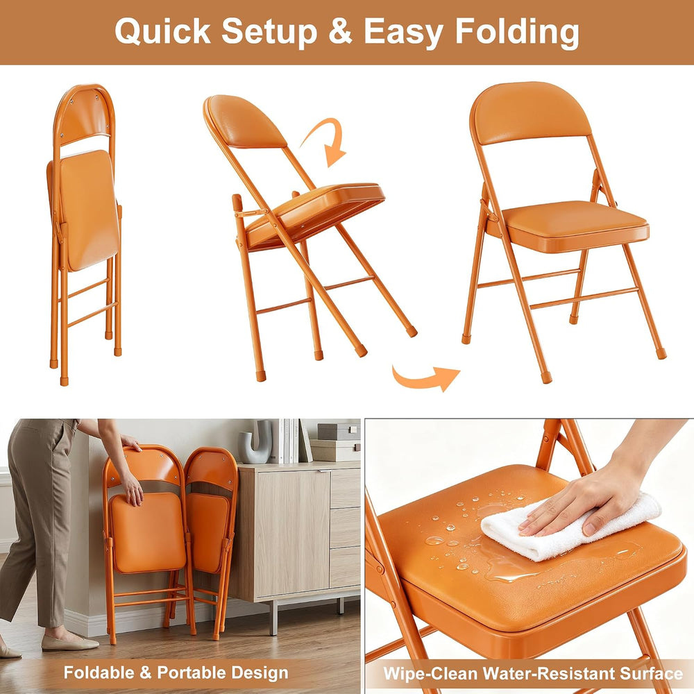 VECELO Folding Chairs Set of 2, Faux Leather Padded, Orange