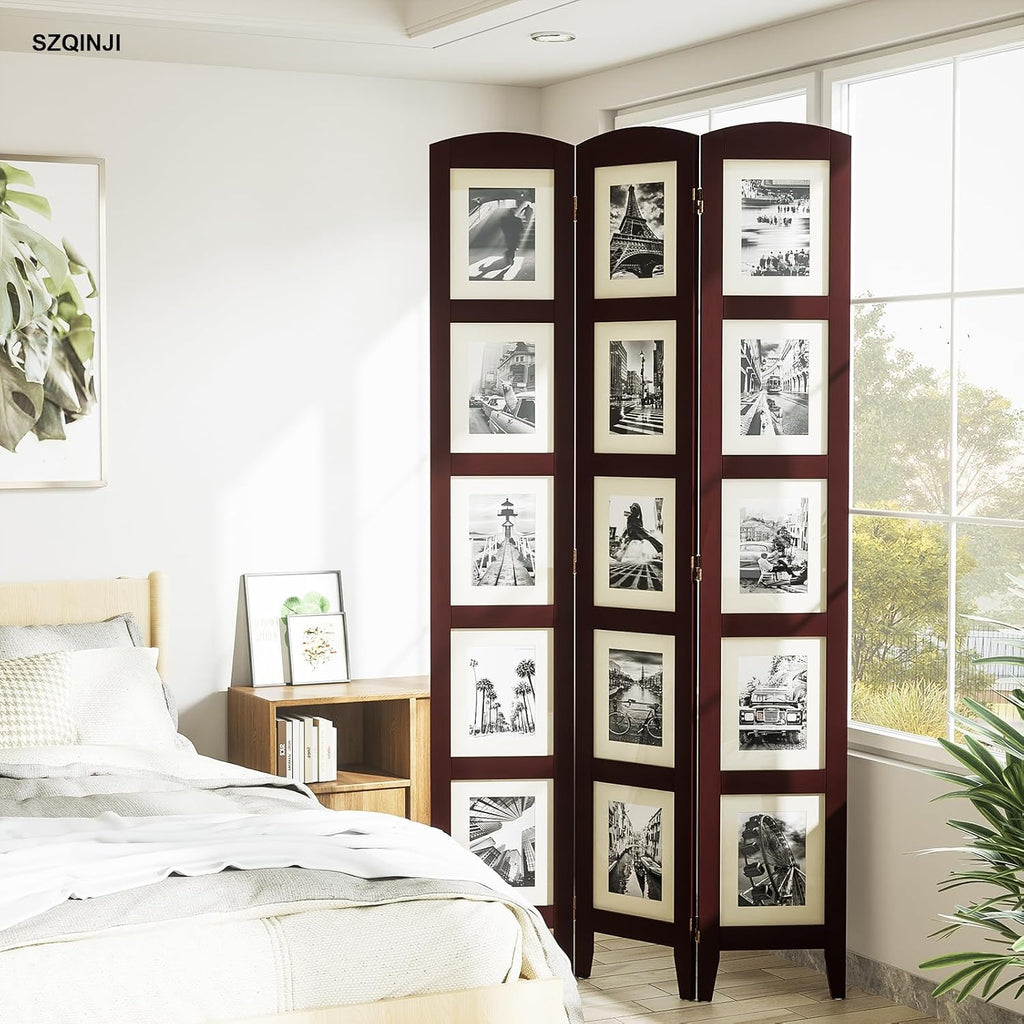 SZQINJI 3 Panel Photo Room Divider Screen, Walnut