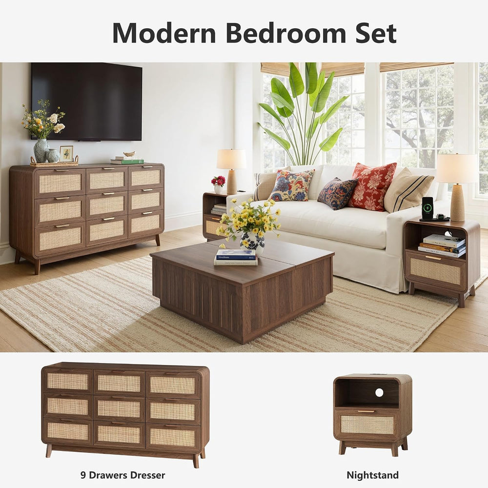 FORTUNETEC Dresser and Nightstand Sets, 3 Piece Bedroom Set, Walnut