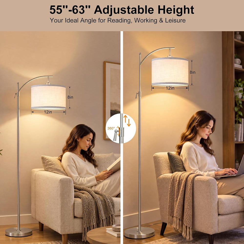 Brushed Nickel Arc Floor Lamp Adjustable Height 55-63in 3 Color 9W LED Bulb