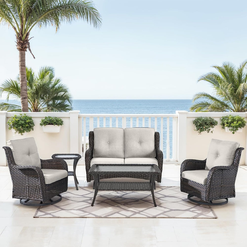 Patio Loveseat Glider Set, Resin Wicker Loveseat Glider with 2 Swivel Patio C...
