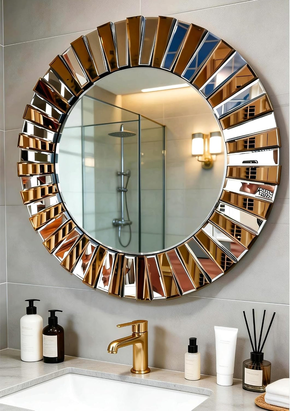 Decorative Round Mirror Sunburst: Silver-Brown Crystal Edge 31.5 in