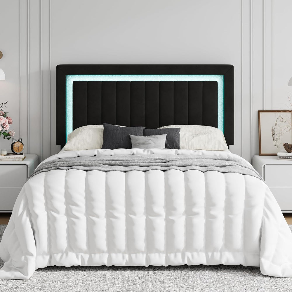 SHA CERLIN Queen Size Velvet Bed Frame with LED Light, Black