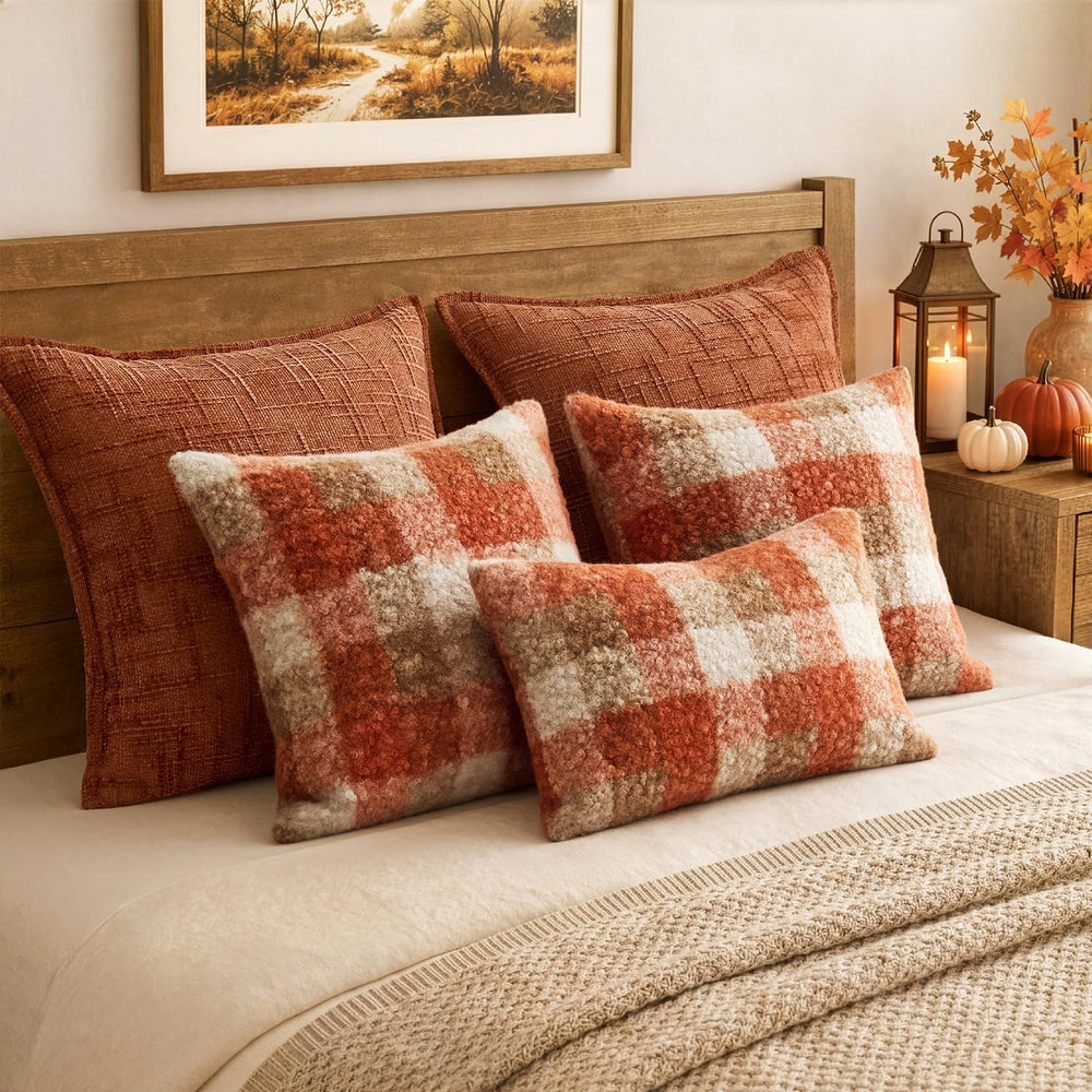 MIULEE Fall Plaid Pillow Covers Boucle Orange 24x24 Set of 2 Euro