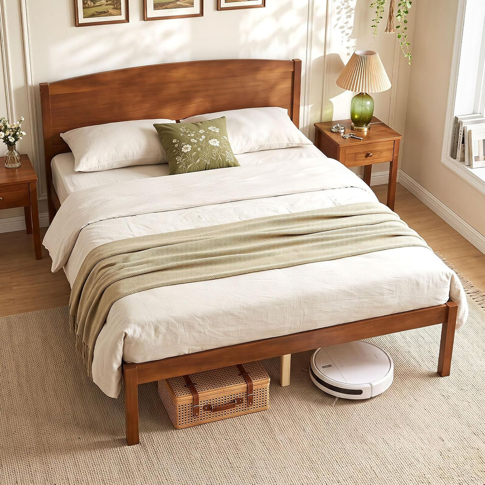 GIANTEX Full Size Wooden Bed Frame with Curved Headboard, Wood Slat Support