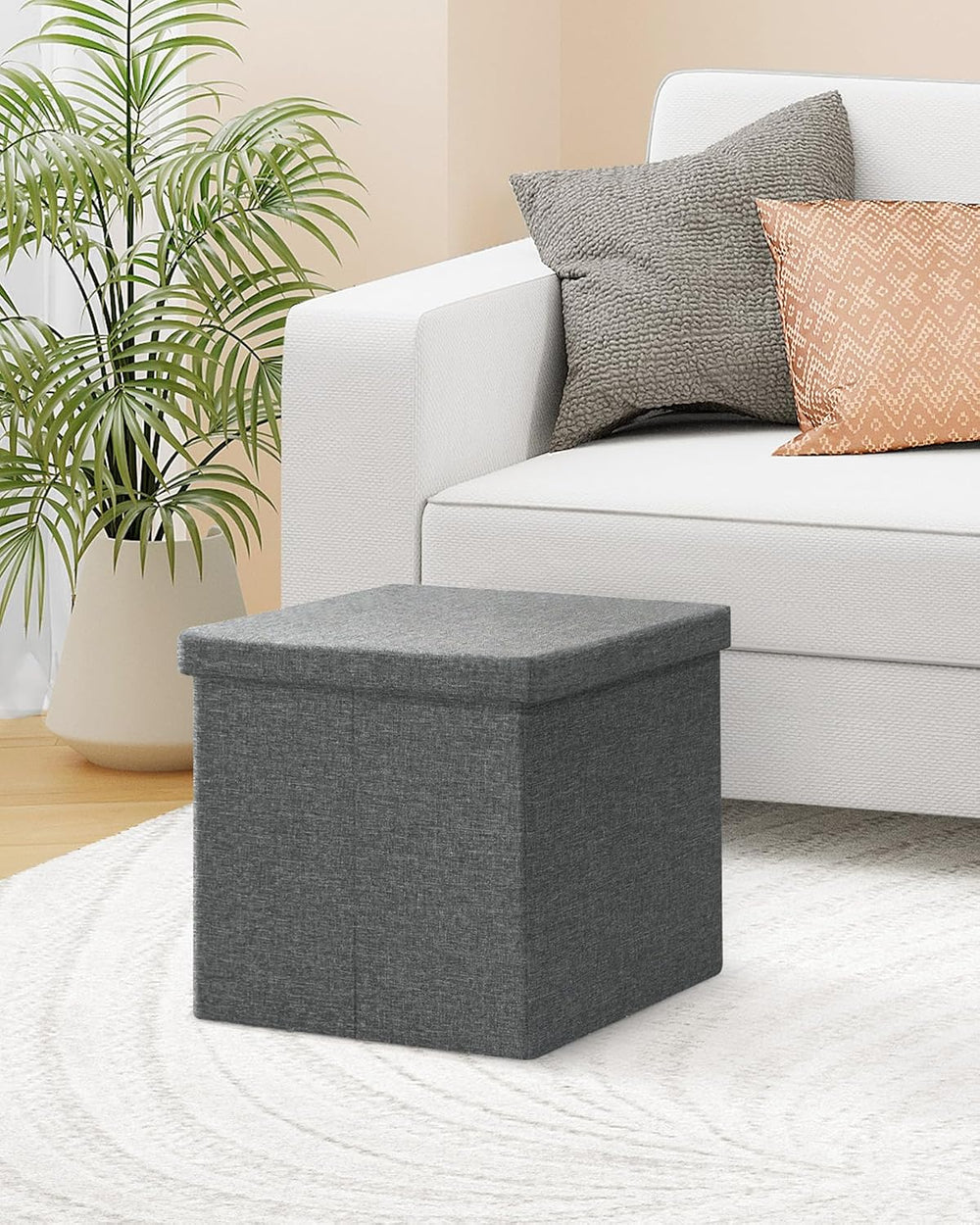 B FSOBEIIALEO Storage Ottoman with Tray, 16" Linen Small Ottomans Cube,Grey