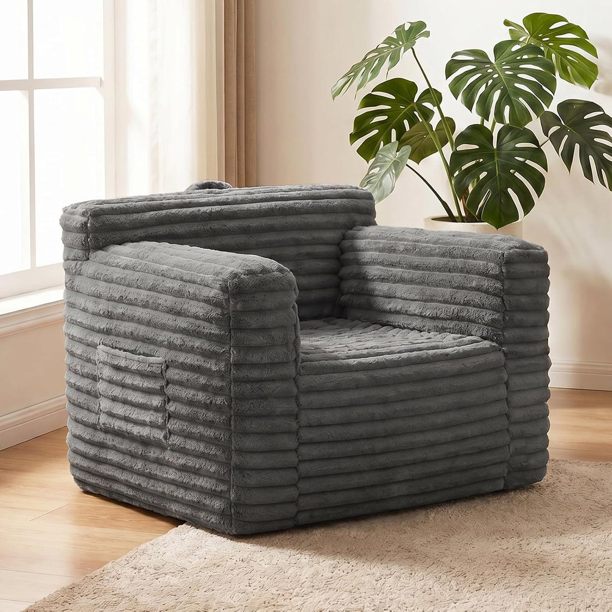 Tiita Adult Bean Bag Chair, Foam Chair with Armrests, Dark Grey | Soft Corduroy Cover, Removable Washable Outer Cover, Back Support, Reading Nook Comfort, Gaming, Bedroom and Living Room Use