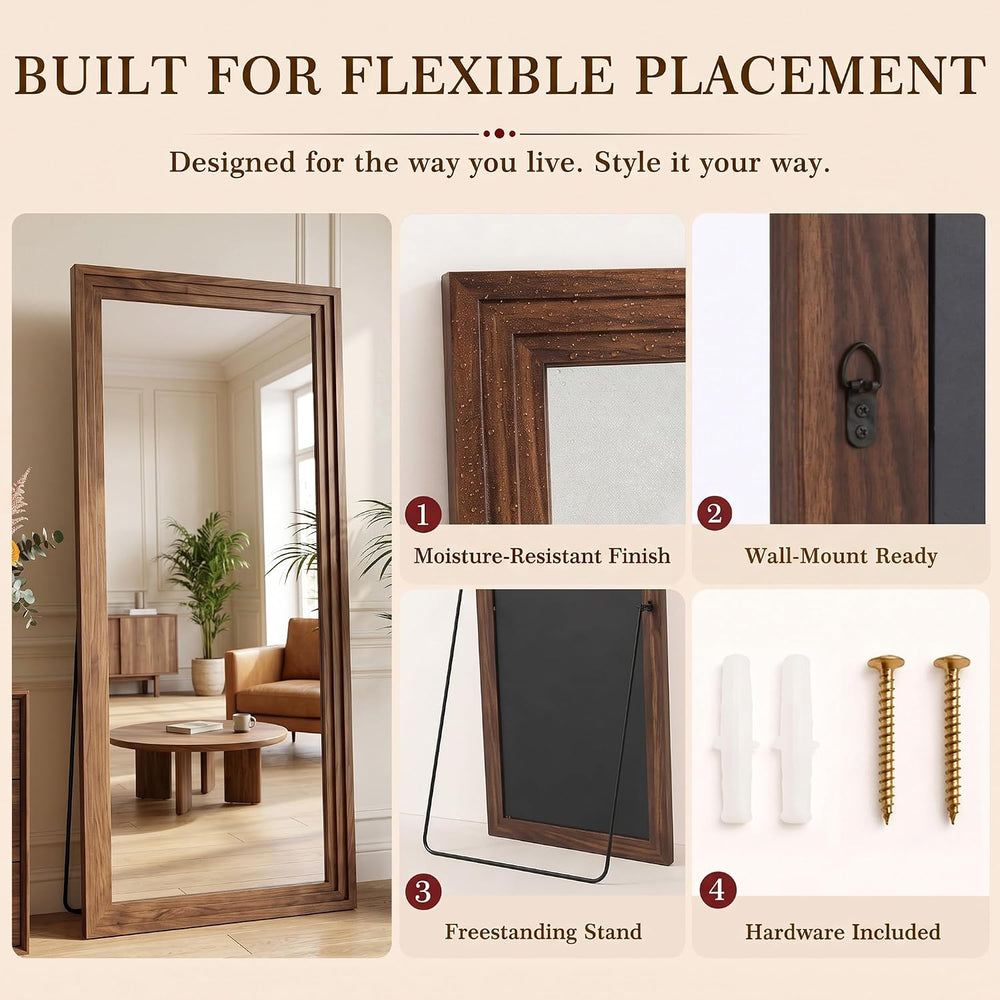 76"x34" Full Length Mirror, Large Wood Floor Mirror, Walnut