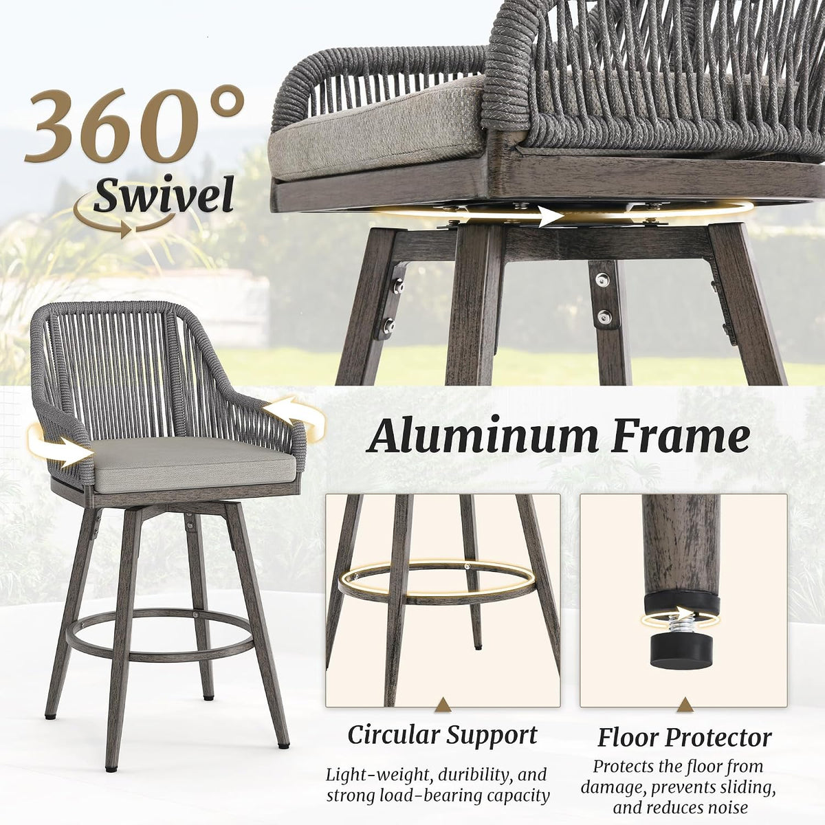 Cozyman Outdoor Bar Stools Set of 6, 360° Swivel Aluminum Rattan Bar Stool with Olefin Rope Curved Backrest and Armrest, Modern BarStools with Removable Cushion for Patio, Garden, Kitchen, Grey