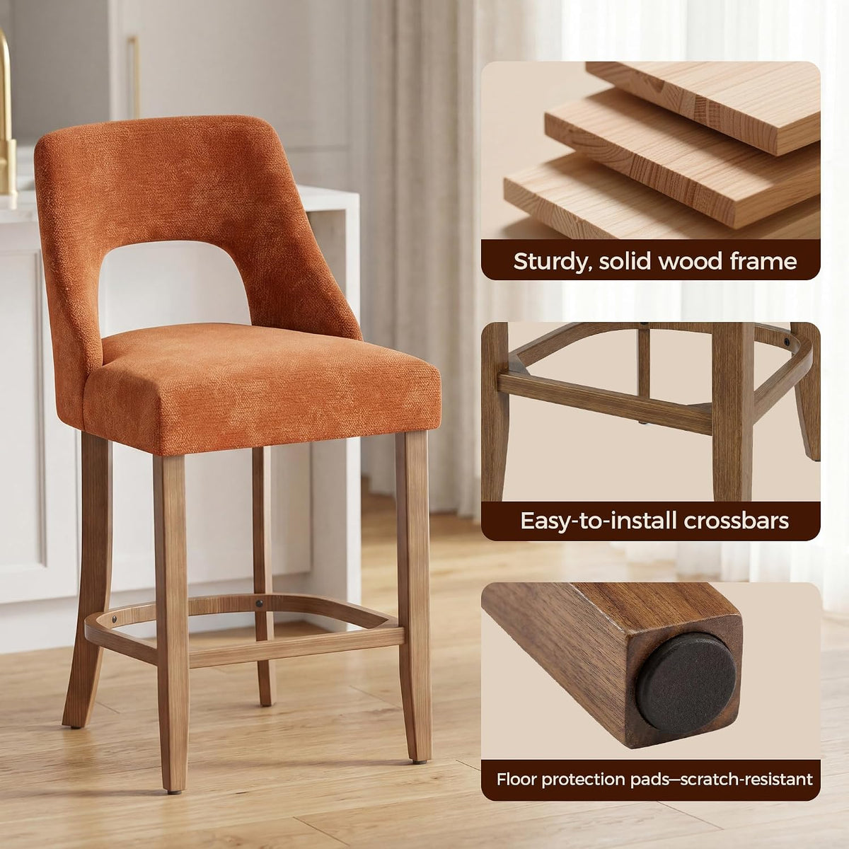 UVV Bar Stools Set of 2, Upholstered Counter Height Bar Stools, Modern Counter Stools with Wood Legs for Kitchen Island Dining Room Bar, Orange