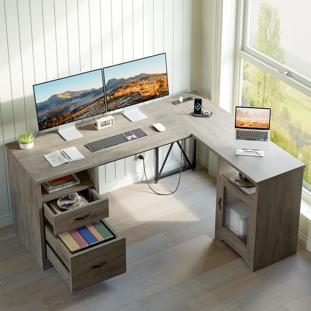 Bestier 63"x47" L Shaped Office Computer Desk with Charging Station...