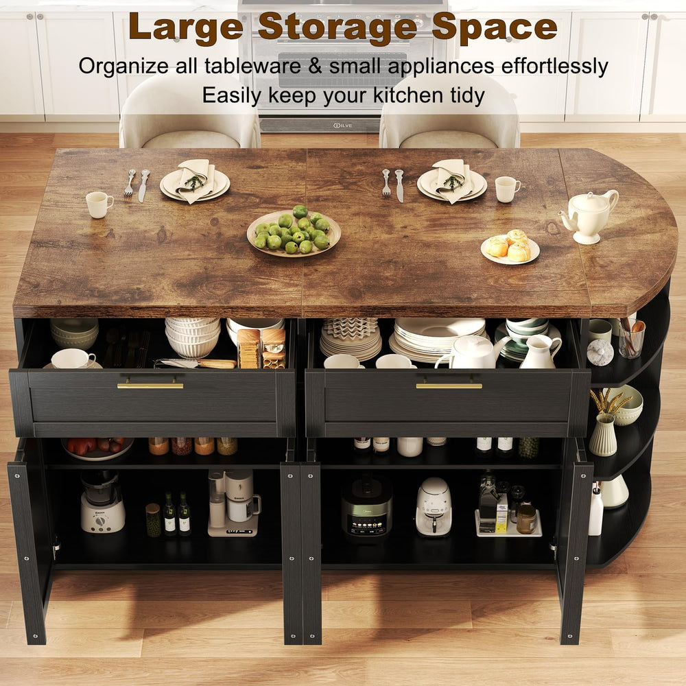 HSH 63 Inch Large Kitchen Island with Storage and Seating, Rustic Brown