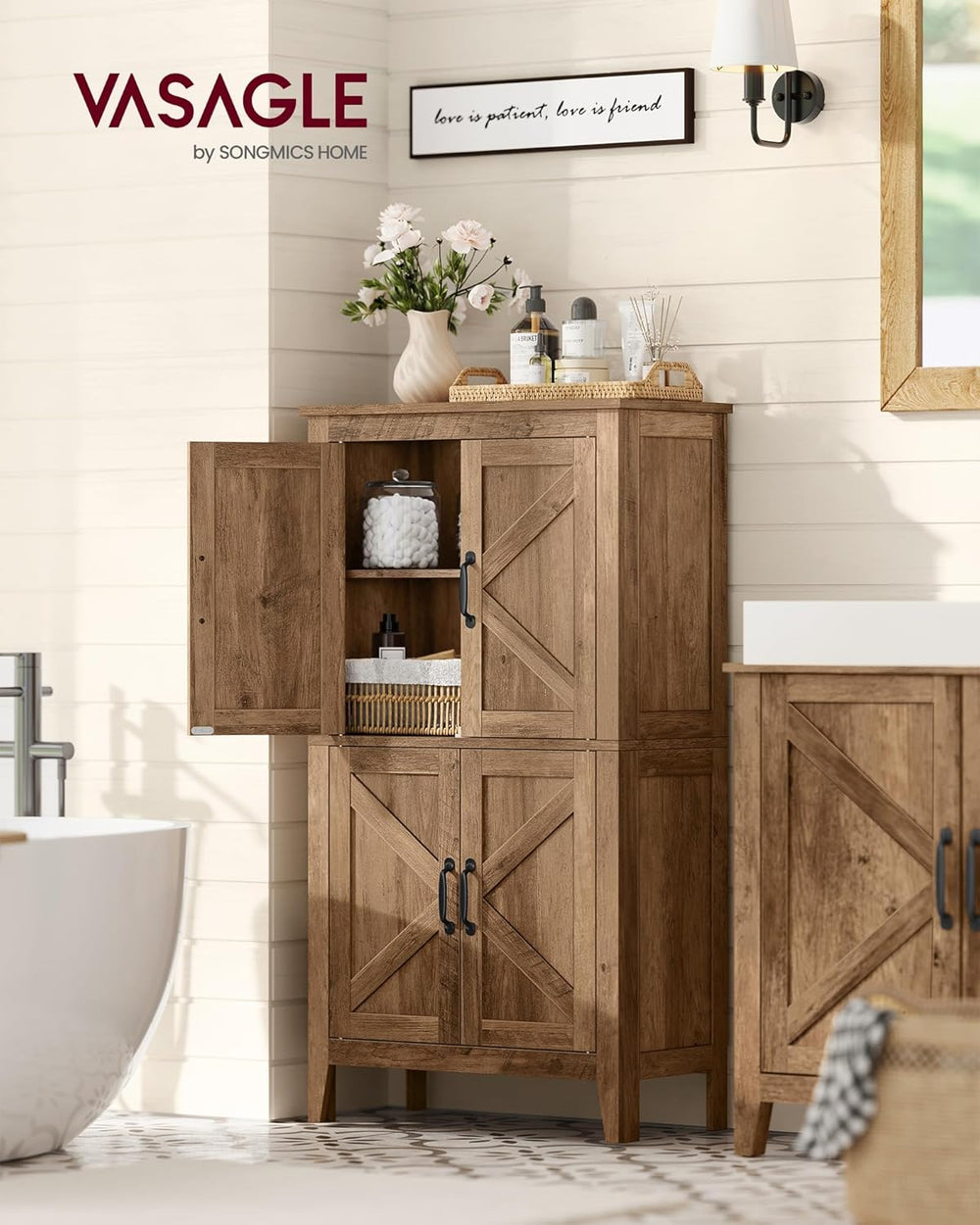 VASAGLE Farmhouse Storage Cabinet with 4 Barn Doors, Adjustable Shelves
