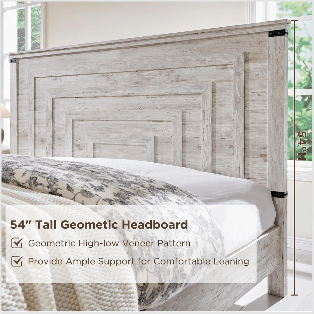 RedLemon 54" Farmhouse Queen Bed Frame with headboard, Antique Brush White
