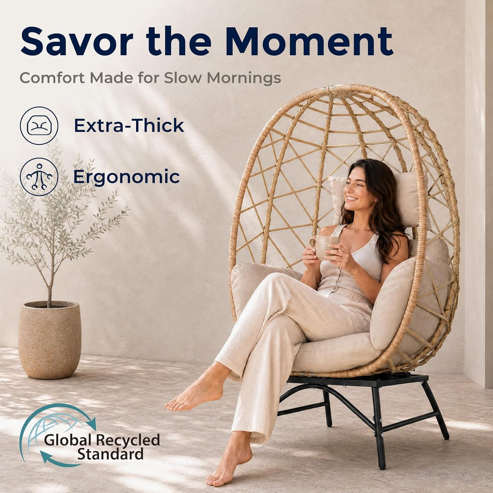 SWITTE Outdoor Wicker Egg Chair with Cushion, Patio Lounge Chair, Beige