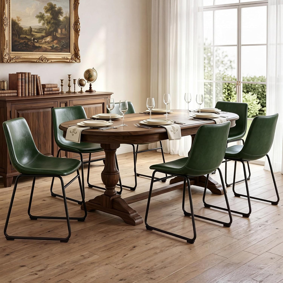 LSSBOUGHT Dining Chairs, Mid-Century Modern Dining Room Chair Kitchen Chairs, PU Leather Farmhouse Upholstered Dinner Chair for Kitchen Dining Room (Green, 2PCS)