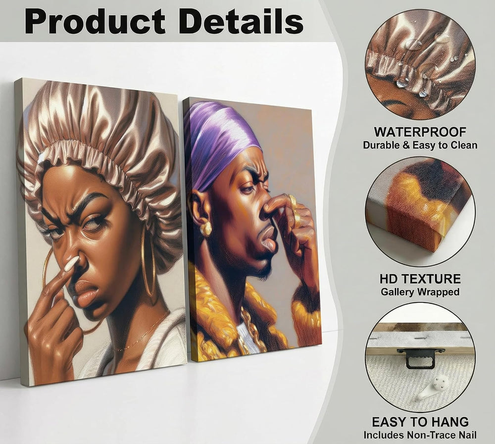 2Pcs Funny African American Bathroom Canvas Wall Art African men and Women Pi...