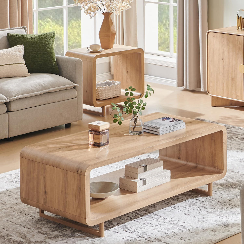 IFGET 48" Modern Coffee Table, 2-Tier Curved Center Table, Natural Oak