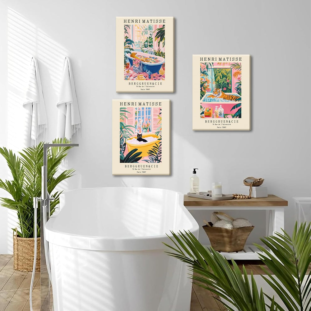 Funny Bathroom Canvas Wall Art Set of 3, Matisse Black Cat Animal Wall Decor ...