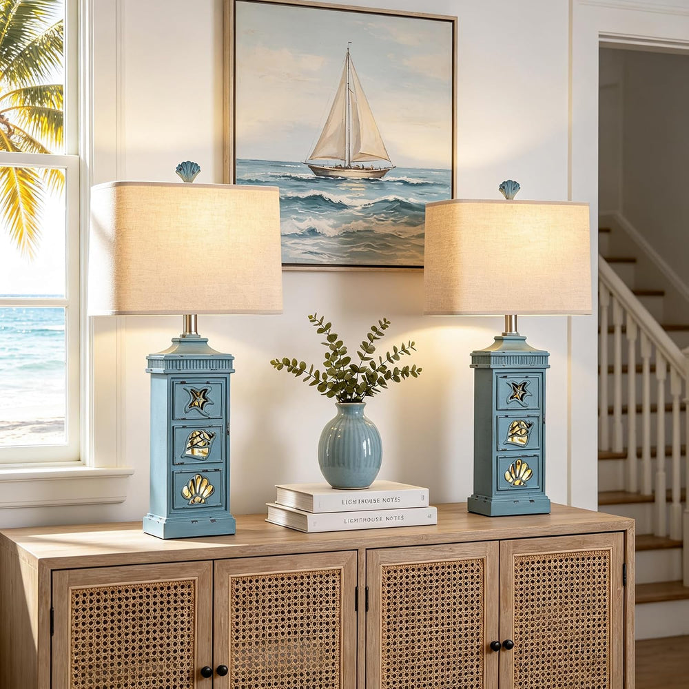 Hamucd Coastal Table Lamps for Living Room Bedroom Set of 2 with Nightlight