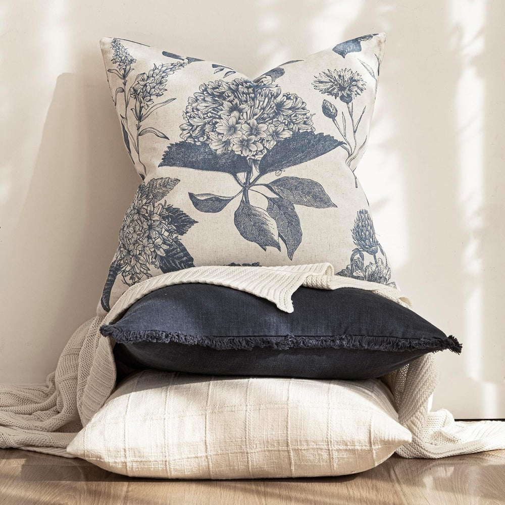 Foindtower Decorative Linen Floral Throw Pillow Covers 22×22 Inch,Blue