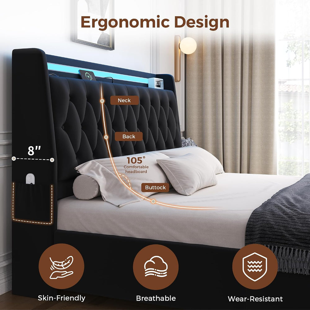 Jocoevol King Size Bed Frame with 2 Storage Drawers & Hidden Headboard