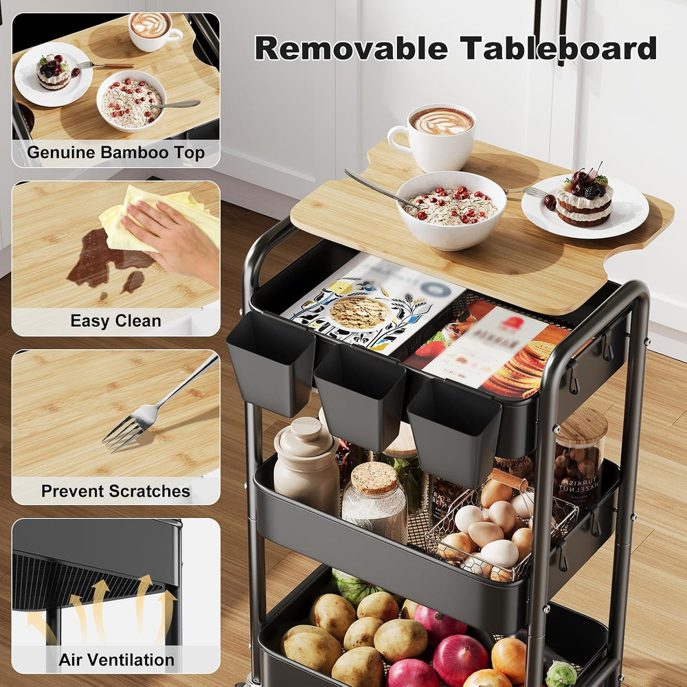 3 Tier Storage Rolling Cart with Wood Table Top on Lockable Wheels（Black）